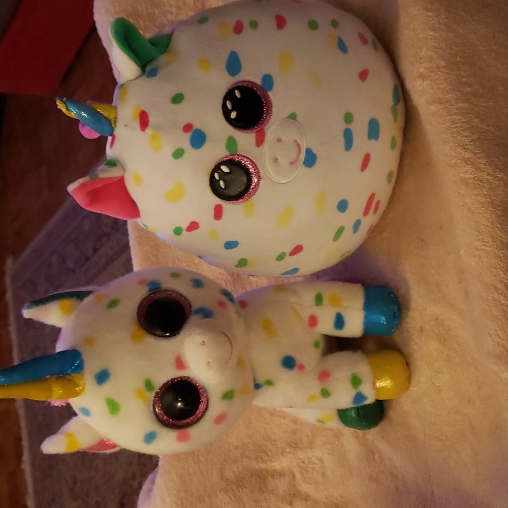 TY BEANIE BOO HARMONIE POLKA DOT UNICORN AND SQUISH HARMONIE SPRINKLE UNICORN.